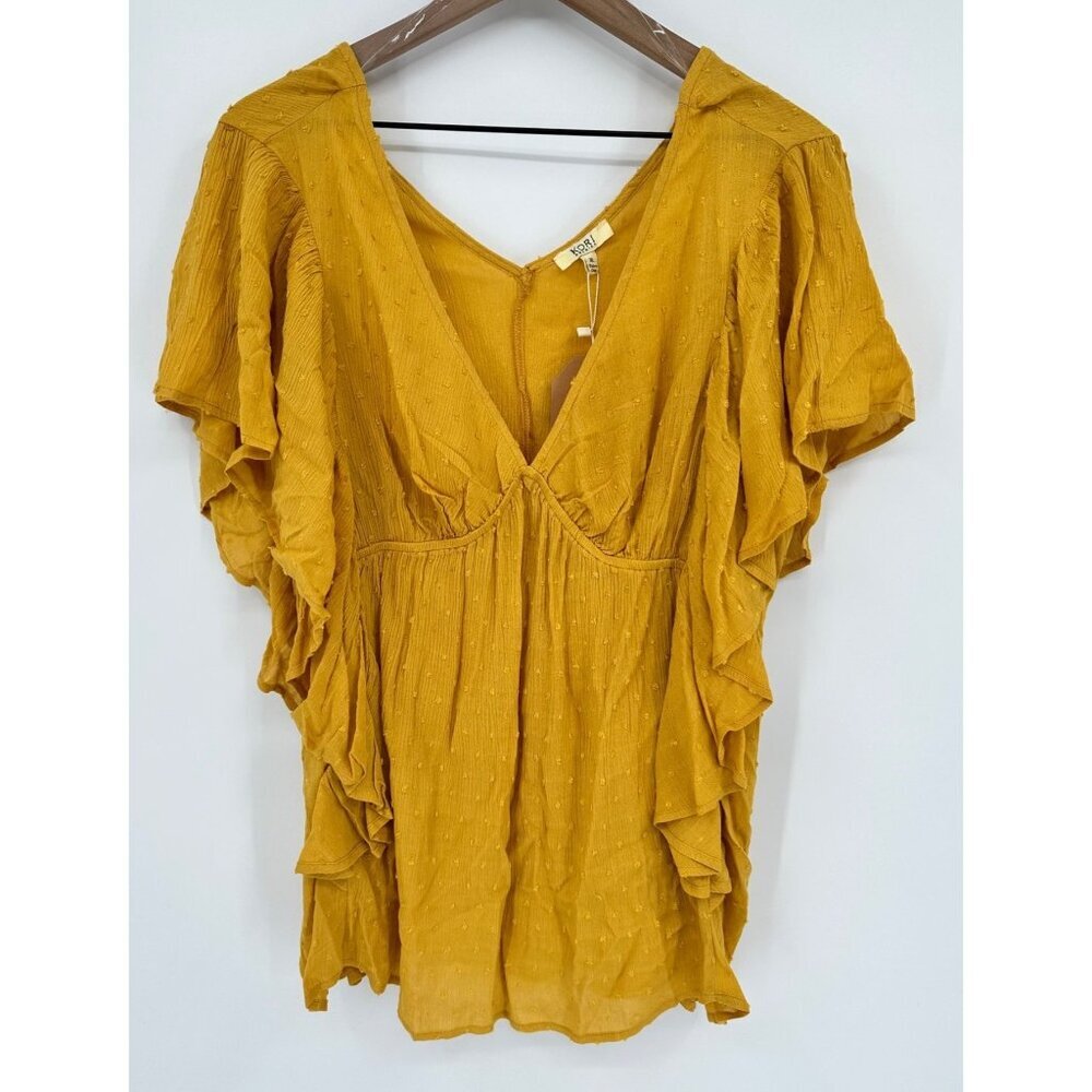 Kori Mustard Yellow Ruffle Sleeve V-Neck Blouse